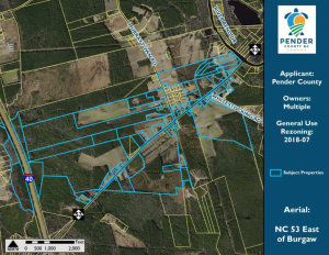 Land east of Burgaw along N.C. 53, marked within the blue boundaries, that are subjected to the county's rezoning proposal. (Port City Daily photo/Courtesy Pender County)