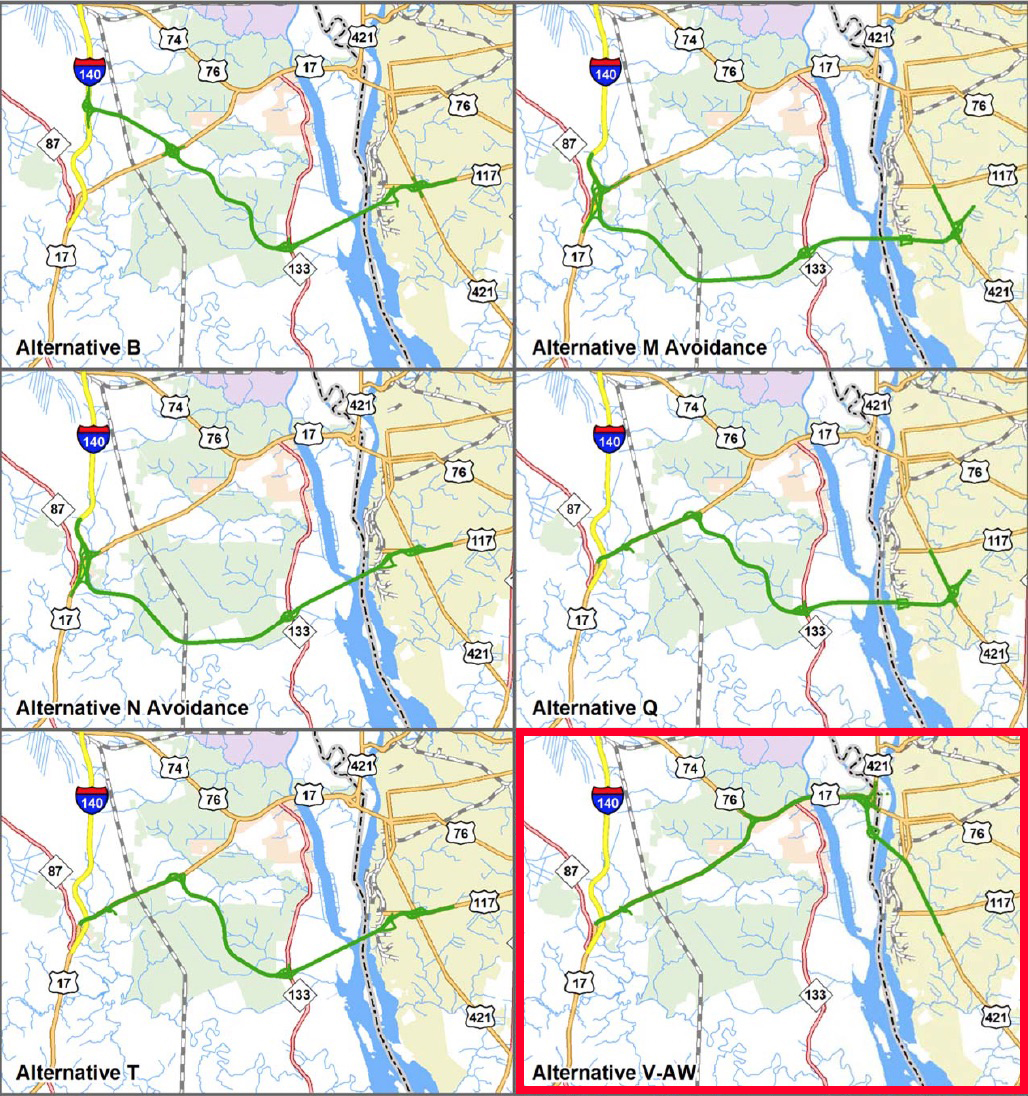 The Federal Highway Administration cannot approve Alternative-V, the last remaining route in the Cape Fear Crossing project that would have included U.S. 17 enhancements and construction on Eagle Island. (Port City Daily/Courtesy North Carolina Department of Transportation)