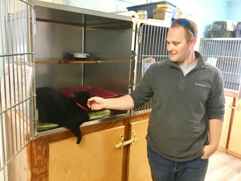 Although he is looking for a dog, shelter visitor James Caudle decided to visit with Marley. (Port City Daily photo / Samira Davis)
