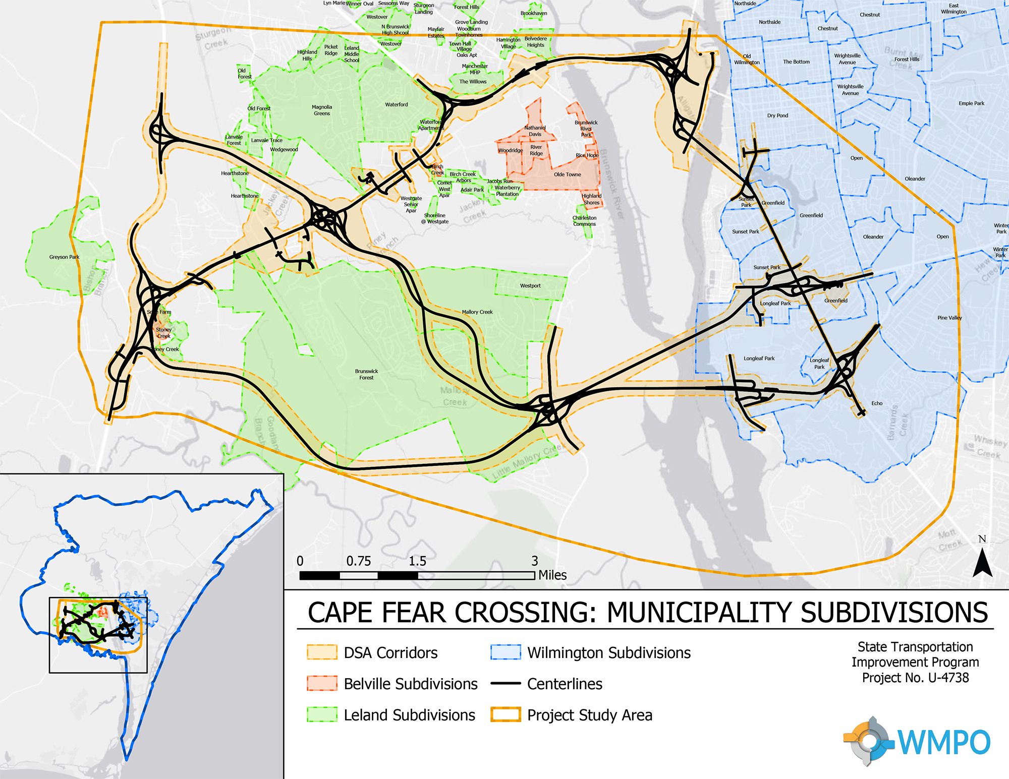A WMPO shows outlines of existing neighborhoods in the path of Cape Fear Crossing's alternative routes. Note: The project's northern route that would have enhanced U.S. 17 and stopped off in Eagle Island, is no longer viable because of adverse effects on Wilmington's historic district. (Port City Daily/Courtesy Wilmington Metropolitan Planning Organization)
