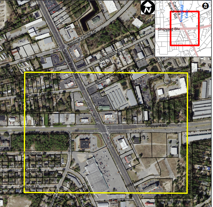 Area at the intersection of Shipyard Boulevard and Carolina Beach Road that will be affected by this week's CFPUA sewer work. (Port City Daily photo / CFPUA)