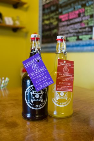 Bottled kombuchas are available in the taproom for now. The Hills will soon begin distributing to local grocery stores. (Port City Daily photo/Mark Darrough)