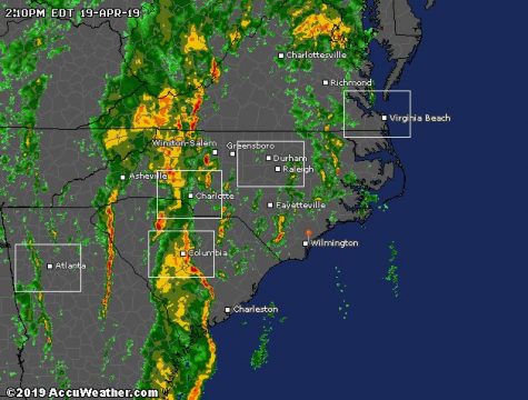 A Doppler radar showed the storm system approaching central North Carolina as of 2:10 p.m.