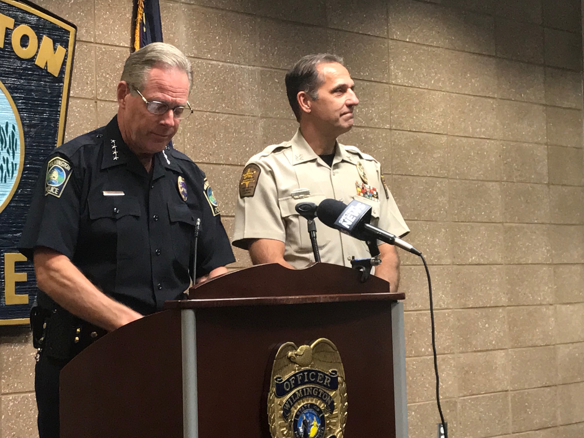 From left: Wilmington Police Chief Ralph Evangelous and New Hanover County Sheriff Ed McMahon announced that the county would take over the police crime lab, effective as soon as July. (Port City Daily photo / Benjamin Schachtman)
