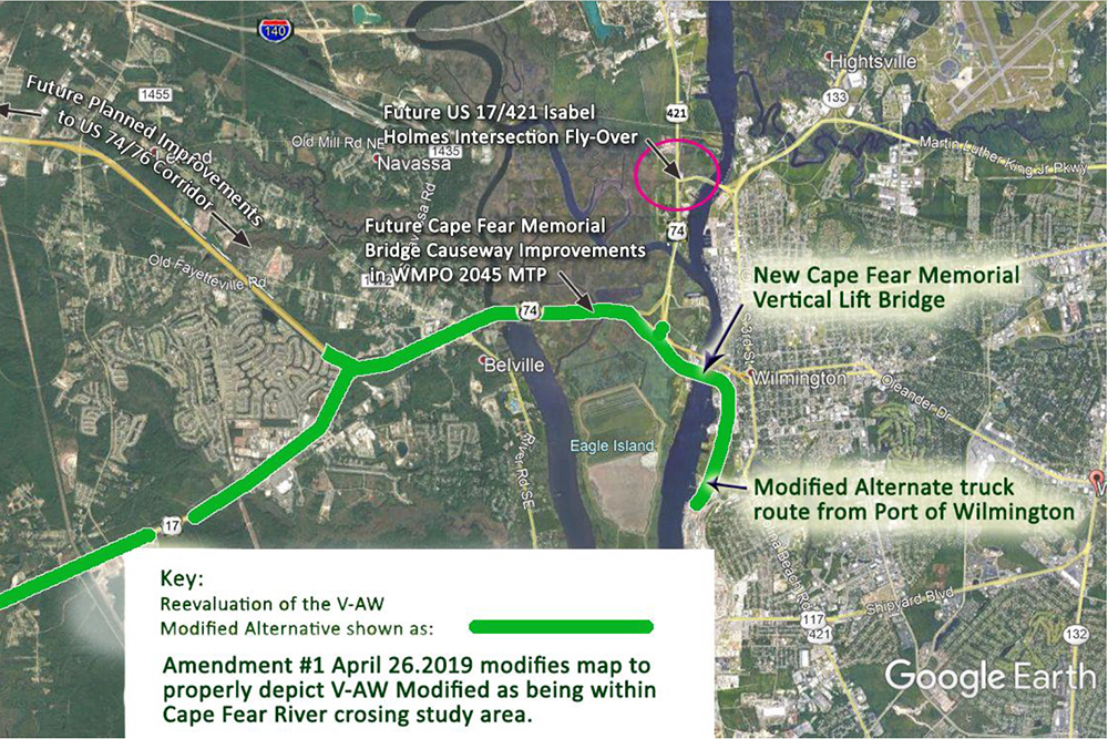V-AW Modified is a new informally-created option co-opted by local Leland leaders and a grassroots group that would reduce cost, residential, and business relocations for the state's plans to build a new bridge crossing over the Cape Fear River. (Port City Daily photo/Courtesy Brayton Willis, Google Earth)