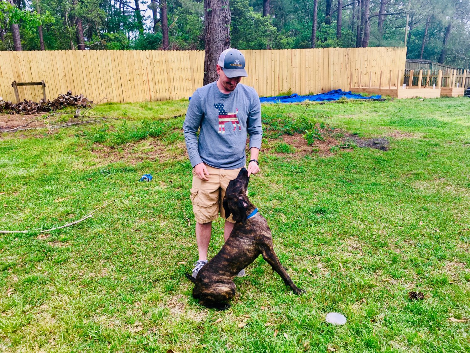 Sit, stay -- good boy! Cooper enjoys training time with foster father Tim Spencer. (Port City Daily photo / Samira Davis)