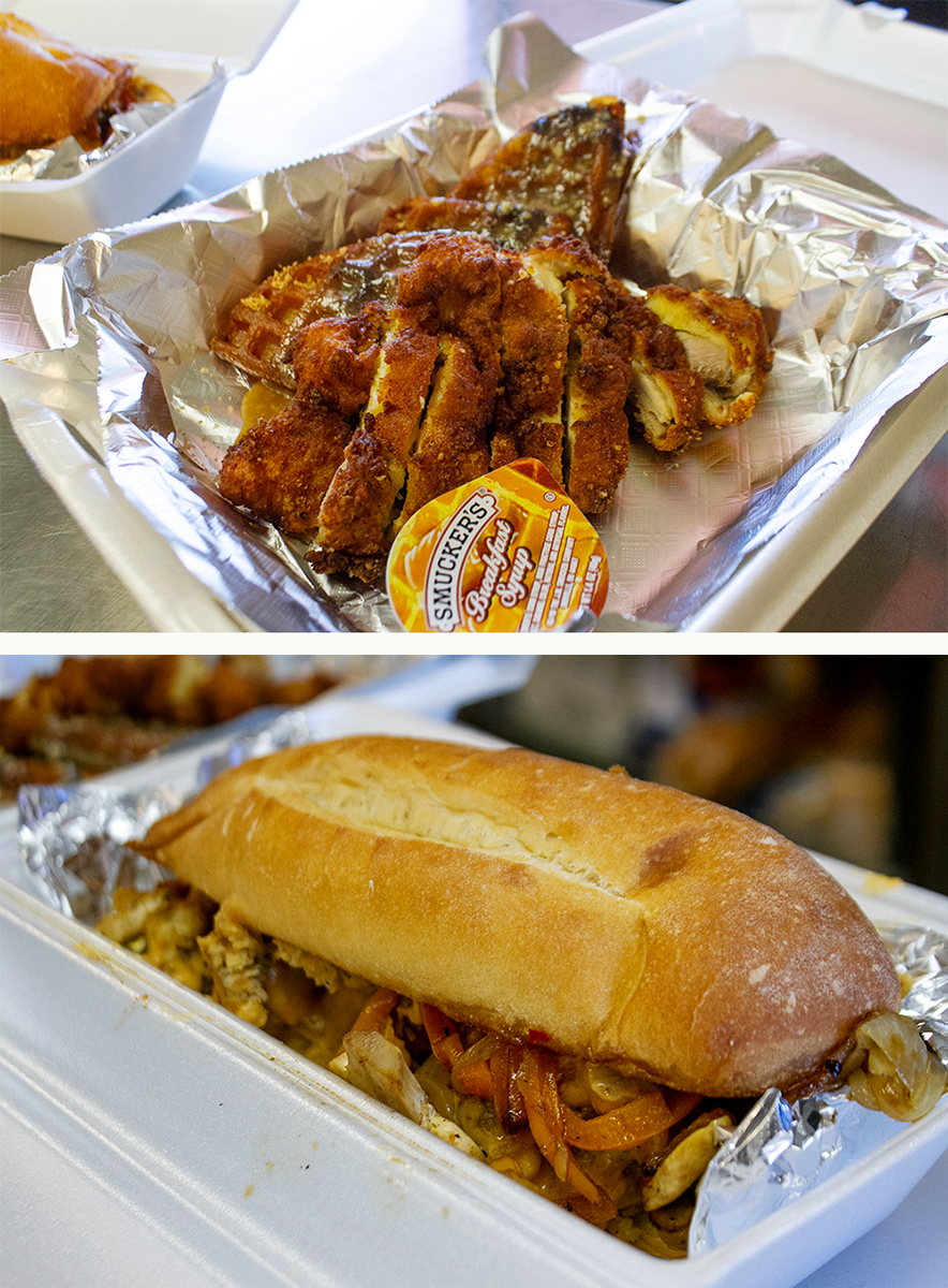 Pictured above, country-fried chicken and waffles. Below, country-fried Philly cheesesteak. (Port City Daily photo/Johanna Ferebee)