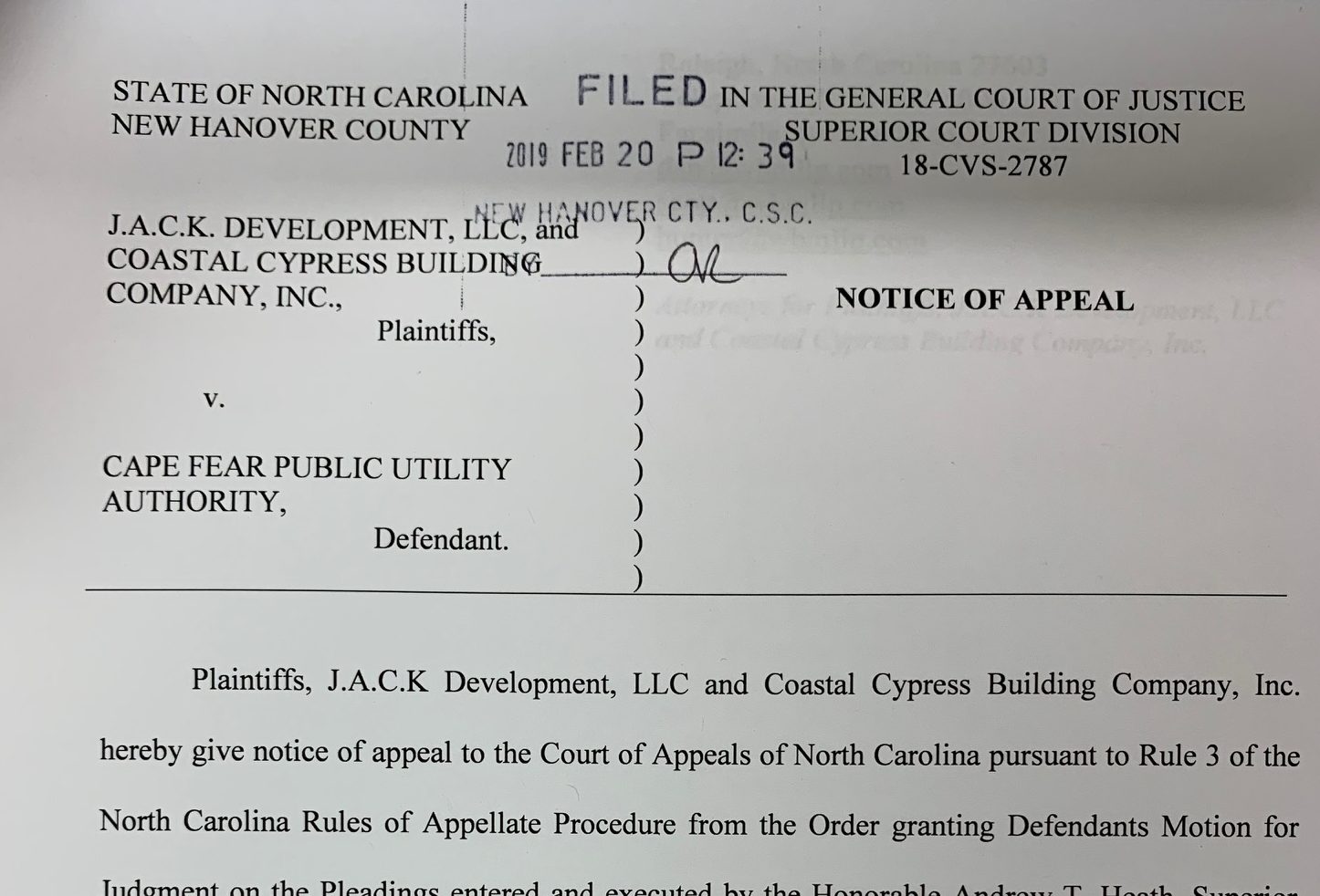 A Wilmington-based building company, along with a developer, have appealed their lawsuit against CFPUA. (Port City Daily photo / New Hanover County Superior Court)