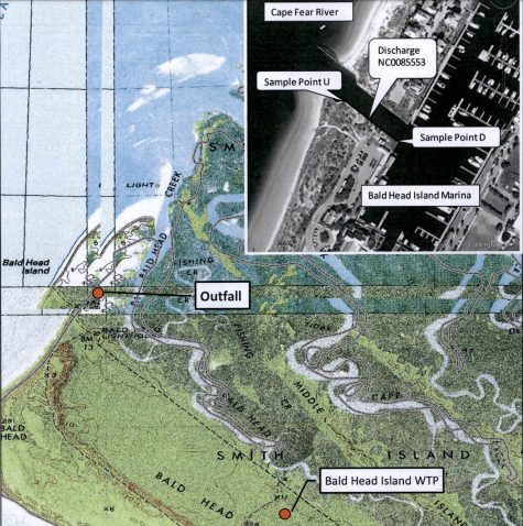 Bald Head Island's reverse osmosis concentrate solution is discharged at an outfall located at the mouth of its marina. In December 2018, January, and April, the concentrate exceeded its state-permitted arsenic levels. (Port City Daily photo/Courtesy Department of Environmental Quality)