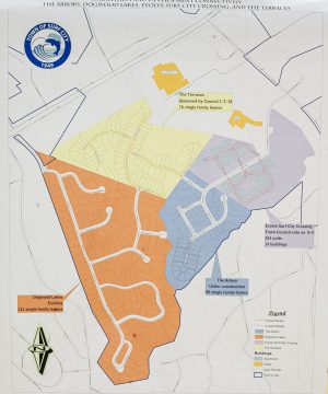 A development connectivity map shows the roads that would pass through Dogwood Lakes (orange), The Terraces (yellow), The Arbors (blue), and Surf City Crossing (purple). The cluster of development is bordered by U.S. 17 to the north and N.C. 210 to the east. (Port City Daily photo/Mark Darrough)