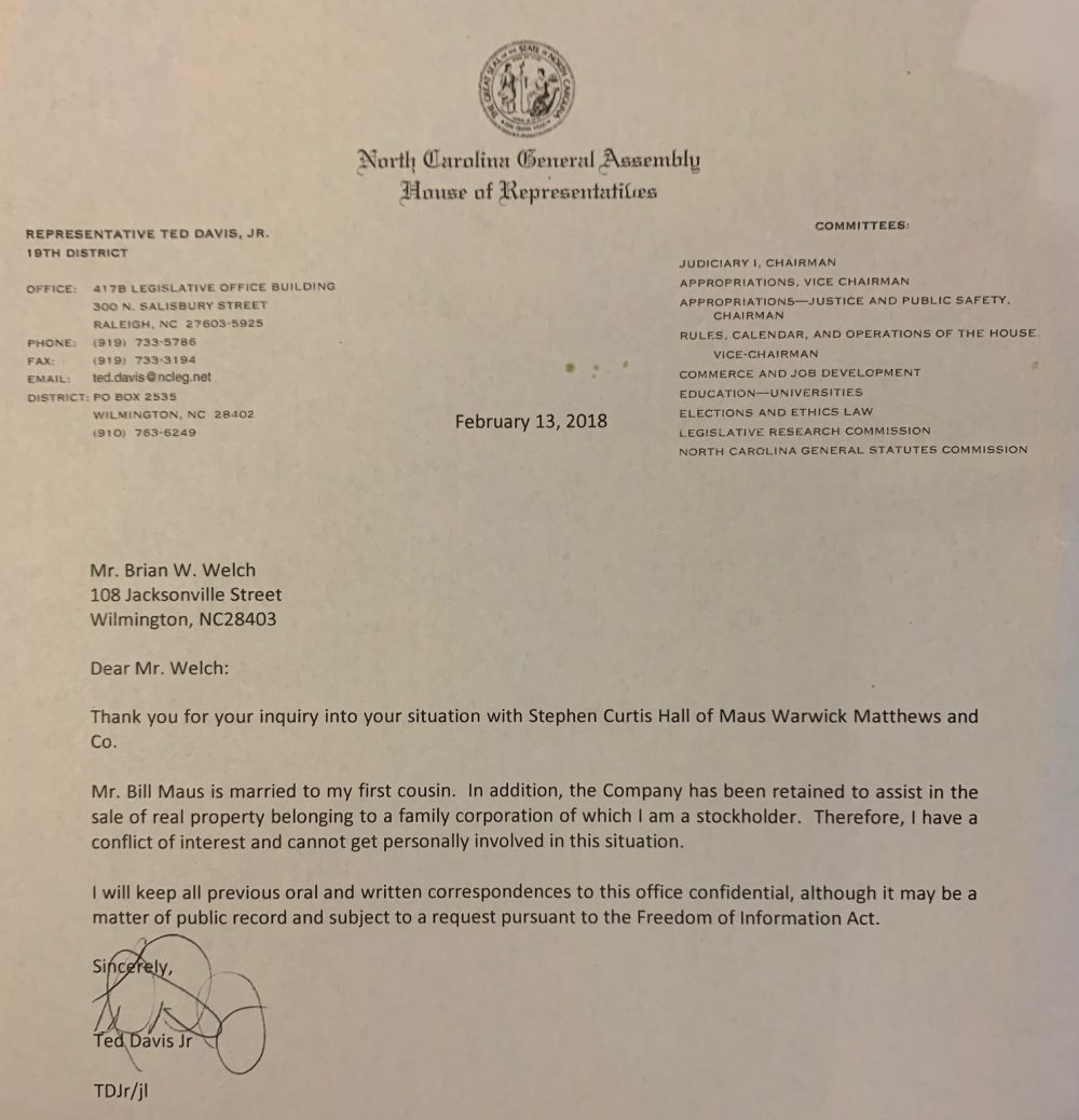A letter from Representative Ted Davis to Brian Welch, citing a conflict of interest. (Port City Daily photo / Benjamin Schachtman)