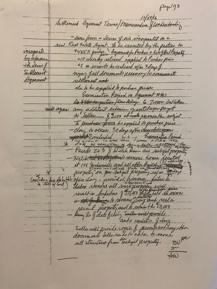 A handwritten agreement from the mediation session. (Port City Daily photo / Benjamin Schachtman)