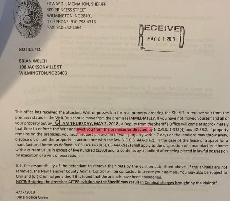 Eviction notice for Brian Welch. (Port City Daily photo / Benjamin Schachtman)