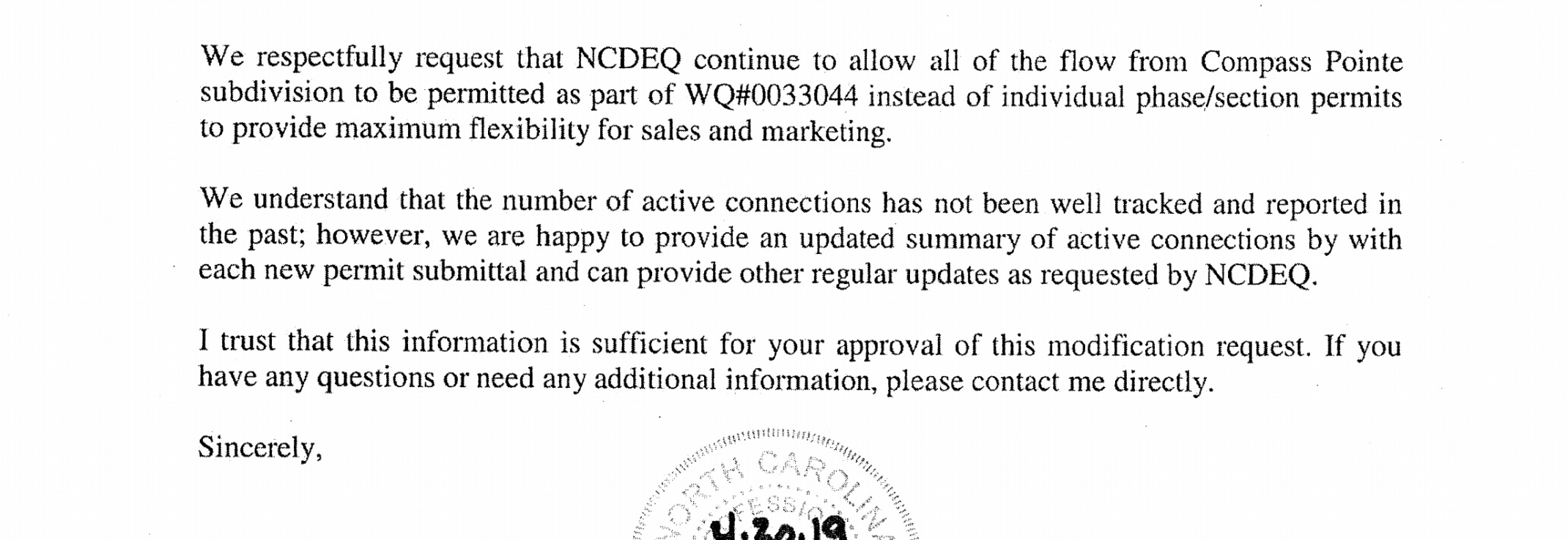 Compass Pointe's consultant, Cape Fear Engineering, asked the DEQ to provide the development with "maximum flexibility for sales and marketing" before acknowledging connection tracking issues. (Port City Daily screenshot/Courtesy N.C. Department of Environmental Quality)