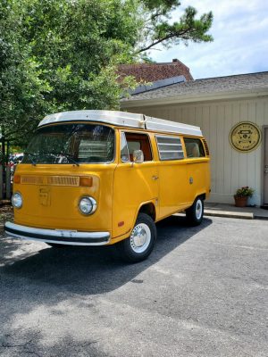 Artie and Robin Hill are putting on the finishing touches of a 1977 VW Westfalia Camper rigged out with taps on the side of the bus, shown here at the Panacea Brewing Company taproom in Wilmington. (Port City Daily bus/Courtesy Artie Hill)