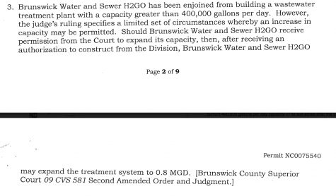 The Chappell Loop Road plant's NPDES permit includes a reference to a 2010 court order that enjoins the plant from expanding beyond 400,000 gpd, despite having a state permit to operate the plant at 800,000 gpd. (Port City Daily screenshot/Courtesy Brunswick Regional Water and Sewer H2GO)