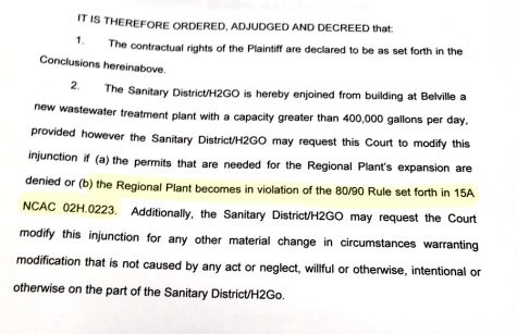 The 2010 court order that enjoins H2GO's Chappell Loop Road plant from expanding beyond 400,000 gpd also includes a clause that could now be explored through the court system -- that is, if the utility chooses to do so. (Port City Daily photo and highlight/Johanna Ferebee)