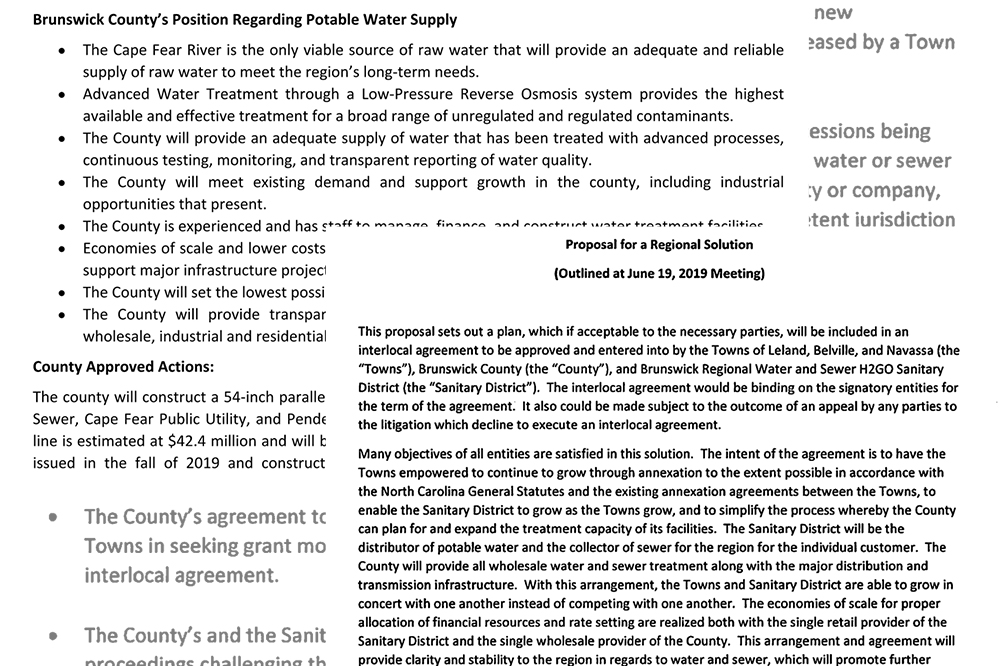 Both Leland and Brunswick County have created preliminary documents that outline goals for the future of utility management in northern Brunswick County ahead of a public county meeting and amid a multi-million dollar multi-party lawsuit. (Port City Daily composite)