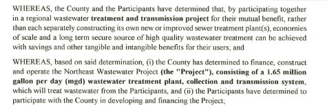 A selected of the 2001 Sewer Service Agreement, bolded for emphasis by Brunswick County attorney Robert Shaver in a letter to Navassa, show transmission costs were included. (Port City Daily screenshot/Courtesy Brunswick County)