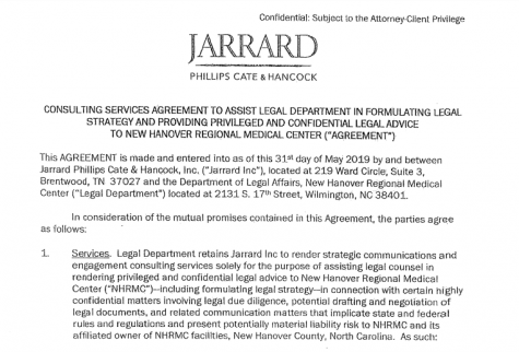 From Jarrard's initial contract with NHRMC. (Port City Daily photo / NHRMC)