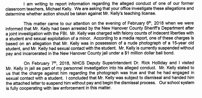 Dr. Tim Markley's February 8, 2018, letter to the state concerning Michael Earl Kelly's teaching license. (Port City Daily photo / File)