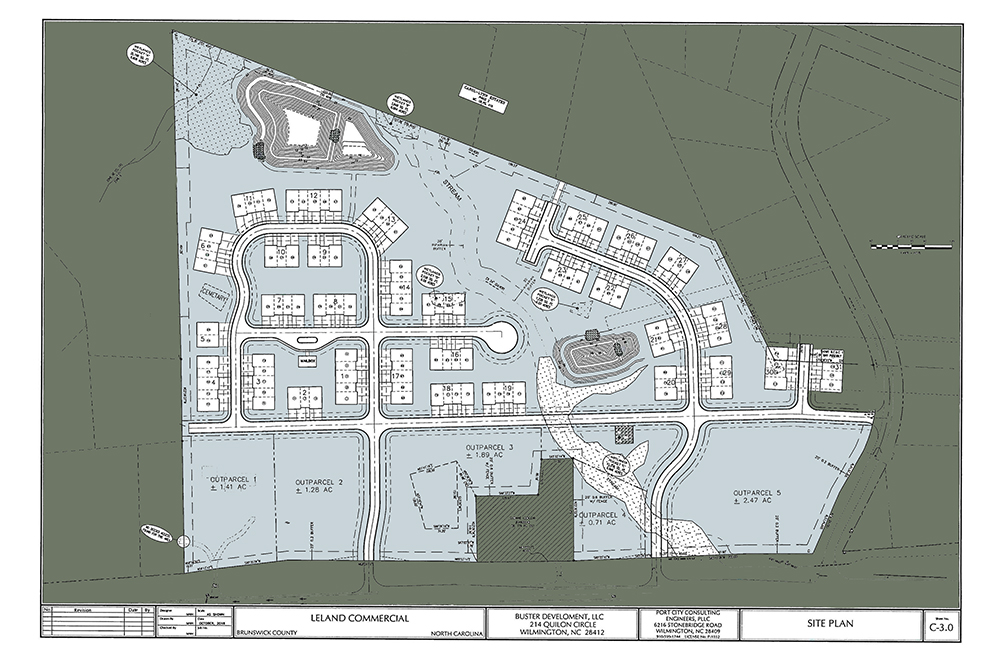 Buster Development LLC's project includes bringing 123 townhouse units to property off Highway 17, with commercial acreage left open for future development. (Port City Daily graphic/ Courtesy Town of Leland, edited by Port City Daily)