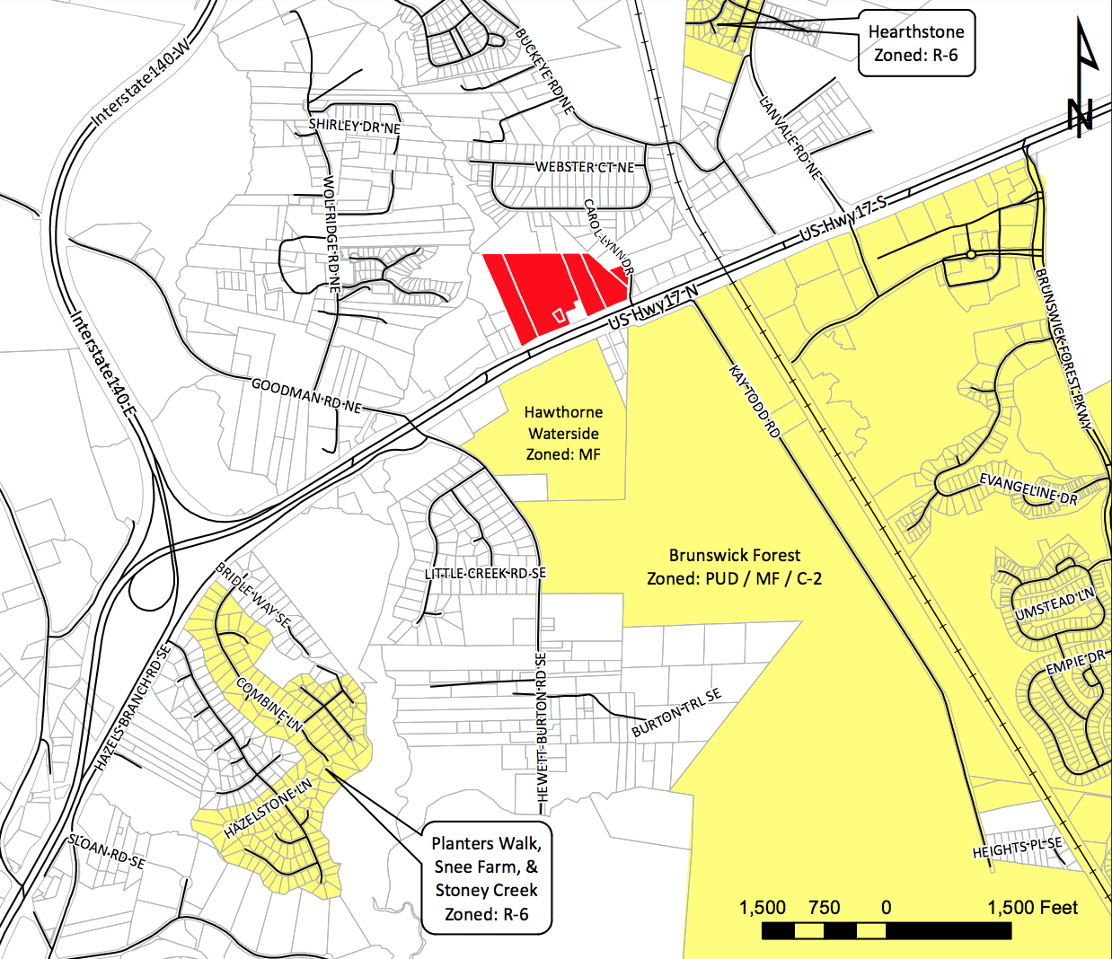 Newly-annexed property in Leland town limits is considered contiguous due to its proximity across the highway from Hawthorne Waterside. (Port City Daily graphic/Courtesy Town of Leland)