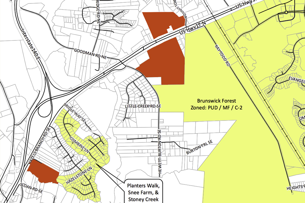 Three projects annexed this year into Leland's Municipal limits are set to receive a combined $1.02 million in incentives after certain development conditions are met. In yellow, Leland's previous town limits, in red, the three projects: (top right) Buster Development LLC, (bottom right) Hawthorne Waterside, (bottom left) Bishops Ridge. (Port City Daily graphic/Courtesy Town of Leland, edited by Port City Daily)
