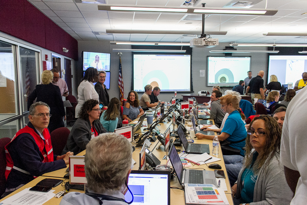 With county offices closed, staff fill the seats of the New Hanover County Emergency Operations Center Tuesday morning to prepare for Hurricane Dorian. (Port City Daily photo/Johanna Ferebee)