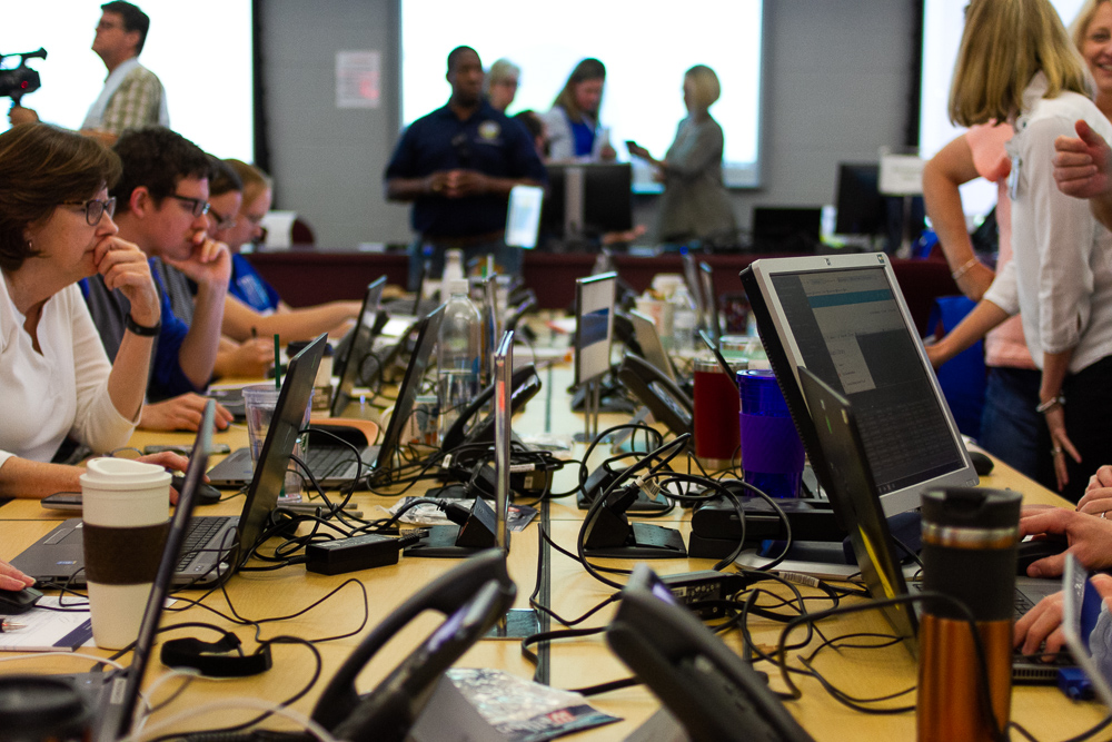 With New Hanover County offices closed, county staff members fill the seats of the New Hanover County Emergency Operations Center Tuesday morning to prepare for Hurricane Dorian. (Port City Daily photo/Johanna Ferebee)