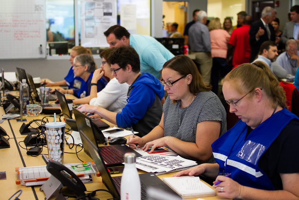 With New Hanover County offices closed, county staff members fill the seats of the New Hanover County Emergency Operations Center Tuesday morning to prepare for Hurricane Dorian. (Port City Daily photo/Johanna Ferebee)