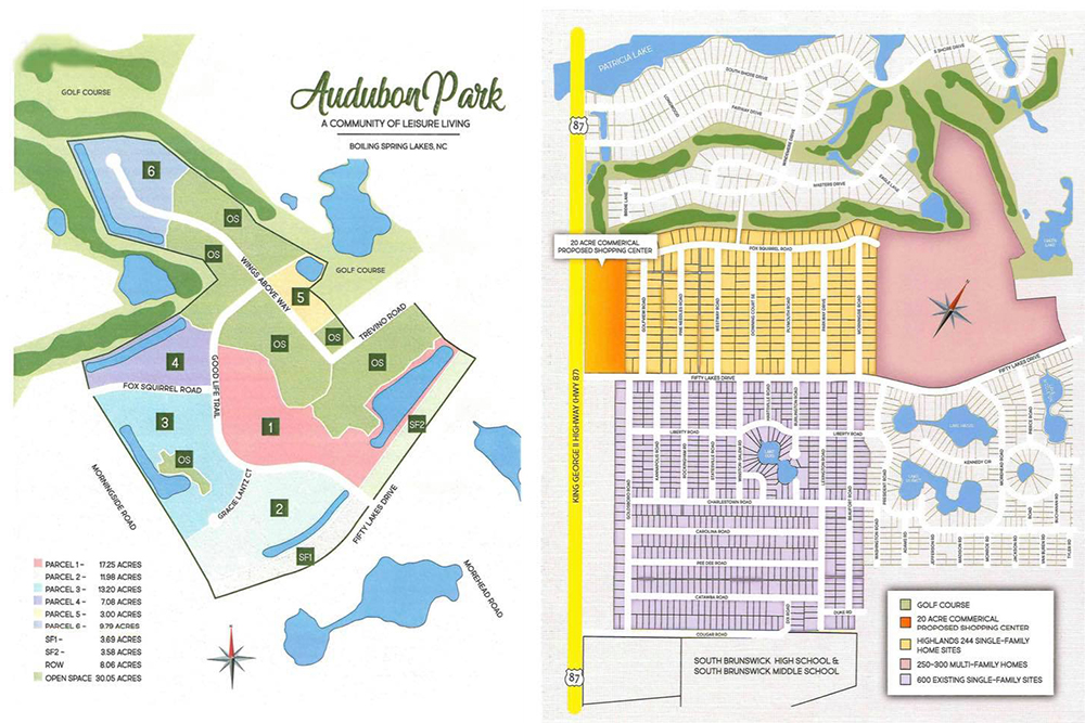 Audubon Park is a proposed Planned Residential Development in Boiling Spring Lakes (shown in pink on the right, approximate plans within the project appear on the left). (Port City Daily photo/Courtesy Steve Barger)