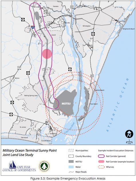 MOTSU's interchange yard in Leland connects inbound munitions shipments along a 16-mile rail line to the military's terminal in Sunny Point. (Port City Daily graphic/Courtesy Cape Fear Council of Governments)