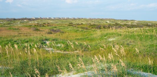 There is "substantial public interest" in protecting 110 acres of undeveloped land on the southern point of Topsail Island, pictured here facing north from New Topsail Inlet. The Serenity Point townhome community is seen in the distance. (Port City Daily photo/Mark Darrough)