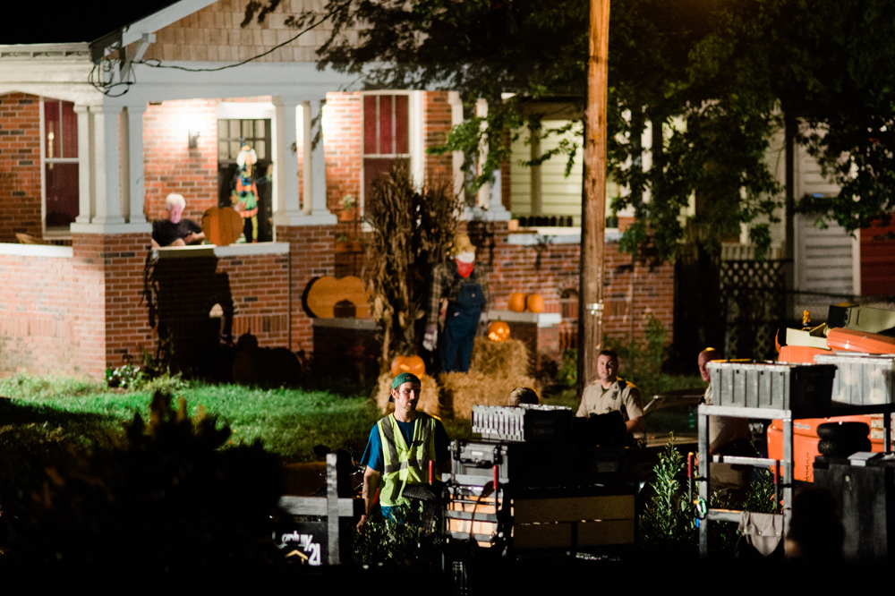 Crew members prepare to shoot a scene of the 'Halloween' sequel on Pender Avenue Friday night. (Port City Daily photo/Mark Darrough)