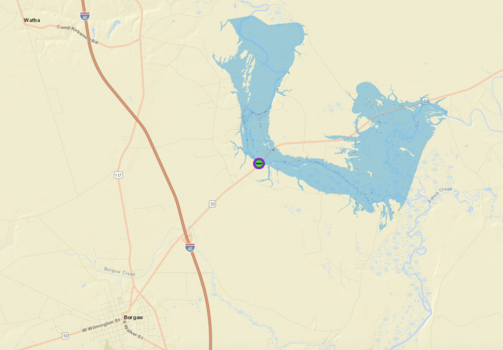 A flood inundation map shows expected flood areas surrounding the Northeast Cape Fear River near Burgaw when it is forecasted to reach 16.2 inches Sunday evening.