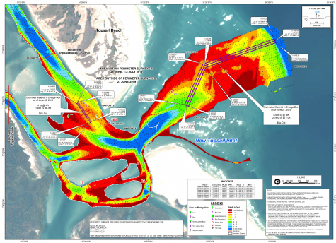 A US Army Corps of Engineers map from a survey of New Topsail Inlet performed in late June, early July. Water depth levels range from areas marked in blue (15 feet or deeper) and red (4 to 6 feet deep). (Graphic courtesy US Army Corps of Engineers)