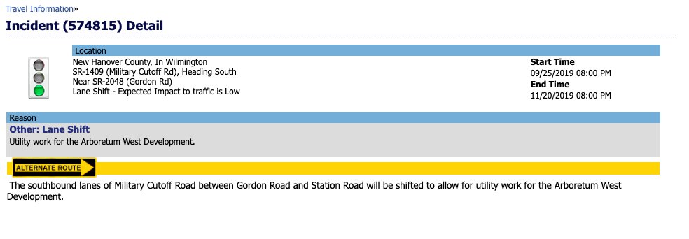 The NCDOT traffic information website shows a lane shift, no closures on Military Cutoff Road (Port City Daily/NCDOT)