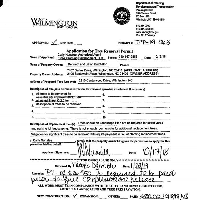 A document from the city giving the developer permission to cut down trees provided they pay $26,950 in mitigation costs (Port City Daily/Courtesy City of Wilmington)