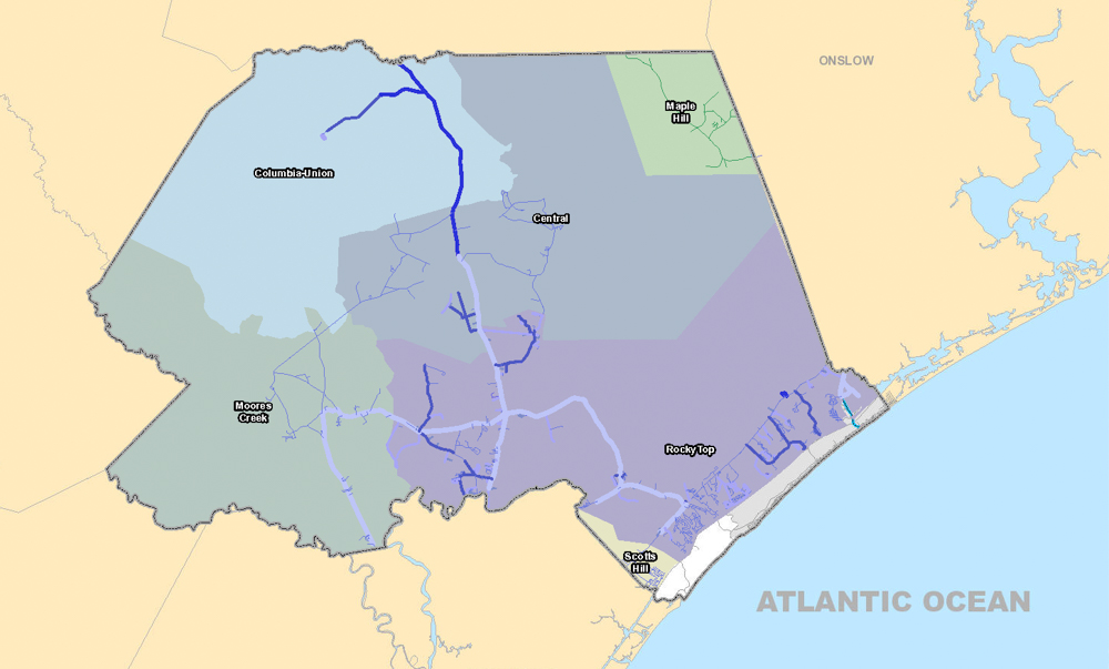 The map shows the county's water and sewer districts and the water lines that deliver water to residents throughout the county. (Graphic courtesy Pender County GIS) 