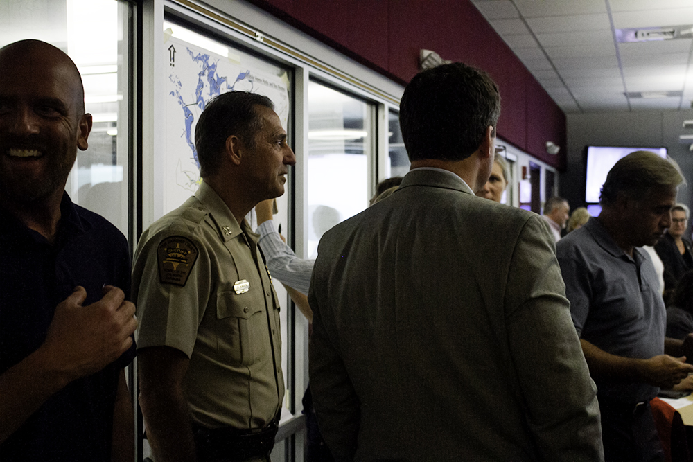 (Center) New Hanover County Sheriff Ed McMahon and (far right) Wilmington Mayor Bill Saffo in the New Hanover County Emergency Operations Center Tuesday morning. (Port City Daily photo/Johanna Ferebee)