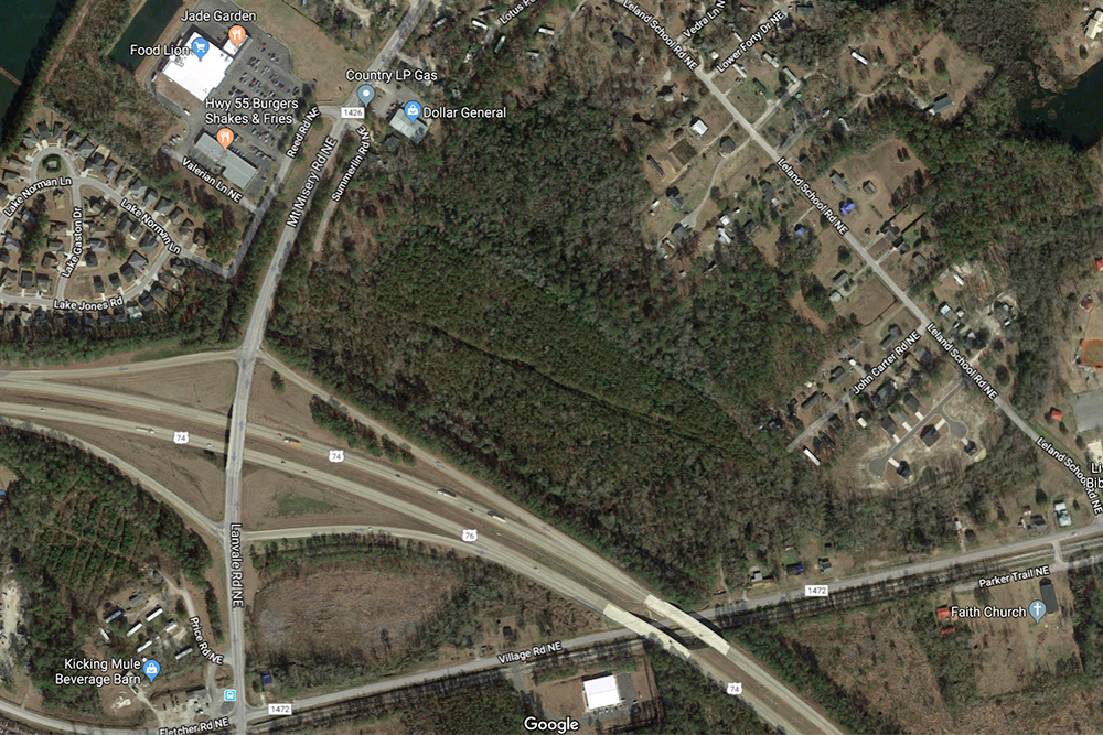 Three parcels owned by Sunset Land Investments LLC could be annexed into town limits, rezoned from commercial to residential, and given $164,000 in economic incentives at Leland's upcoming Town Council meeting. (Port City Daily photo/Courtesy Google Maps)