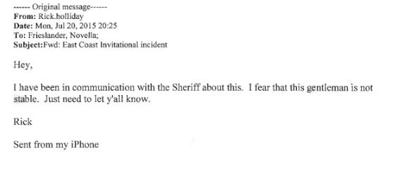 An email from former NHCS Deputy Superintendent Dr. Rick Holliday acquired by Port City Daily concerning the deputy. (Port City Daily photo / File)