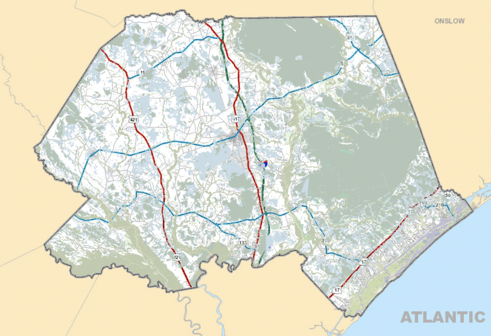 Wetlands of Pender County, which would be included in the proposed Resource Conservation Areas, as provided by the National Wetlands Inventory and the N.C. Division of Coastal Management. (Courtesy Pender County GIS)