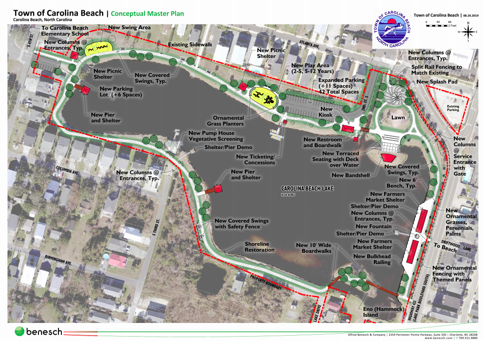 An early concept for the redesign of the Carolina Beach Lake Park showing possible amenities (Port City Daily/Courtesy Town of Carolina Beach)