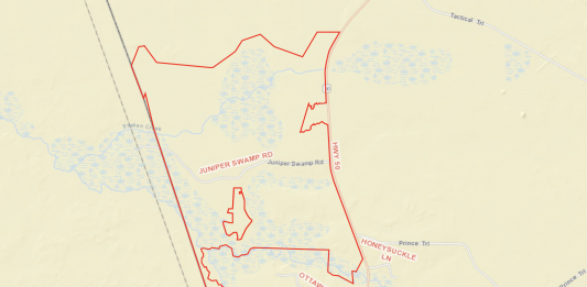 Boundaries of the Juniper Swamp tract, one of two sites that Surf City uses for wastewater collection. (Port City Daily/Courtesy Onslow County GIS)