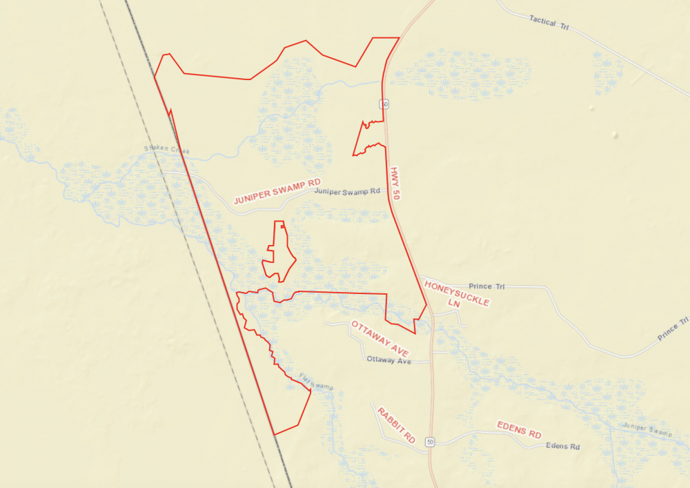 Boundaries of the Juniper Swamp tract, one of two sites that Surf City uses for wastewater collection. (Port City Daily/Courtesy Onslow County GIS)