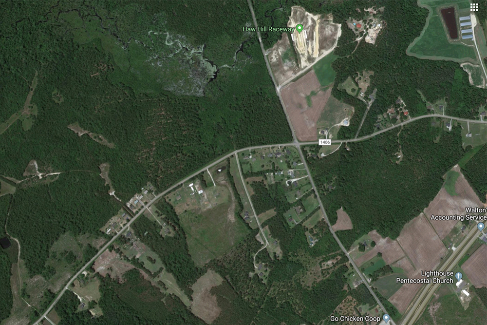 A 231-unit residential development comprised of townhouses and single-family homes is planned on the corner of Bell Swamp Road near Go Chicken Coop in Brunswick County. (Port City Daily photo/Courtesy Google Maps)
