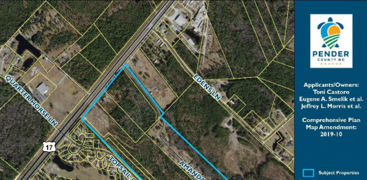 Owners of 47.5 acres of land are requesting a zoning reclassfication from Low Density Residential to Neighborhood Mixed Use. (Port City Daily photo/Courtesy Pender County Planning Department)
