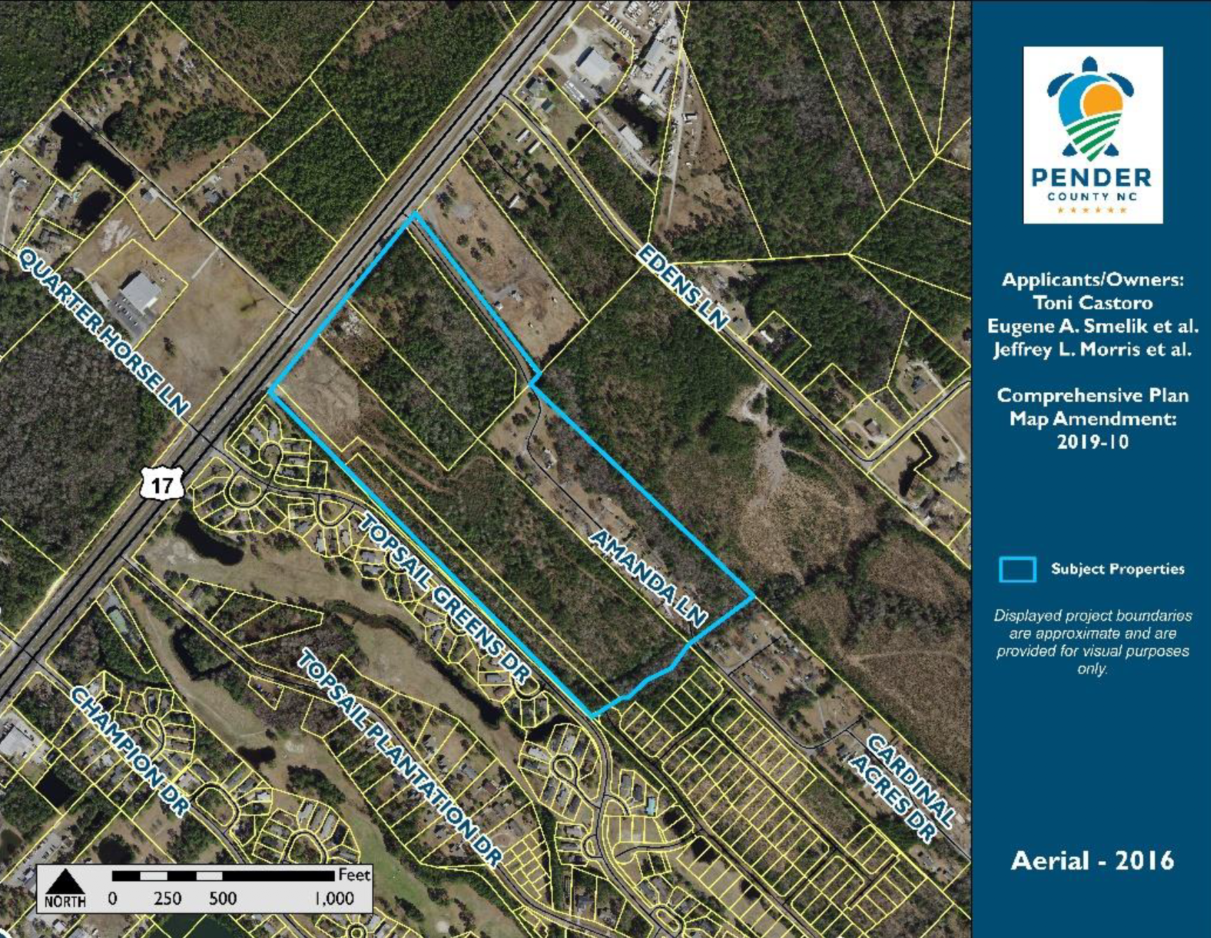 Owners of 47.5 acres of land are requesting a zoning reclassfication from Low Density Residential to Neighborhood Mixed Use. (Port City Daily photo/Courtesy Pender County Planning Department)
